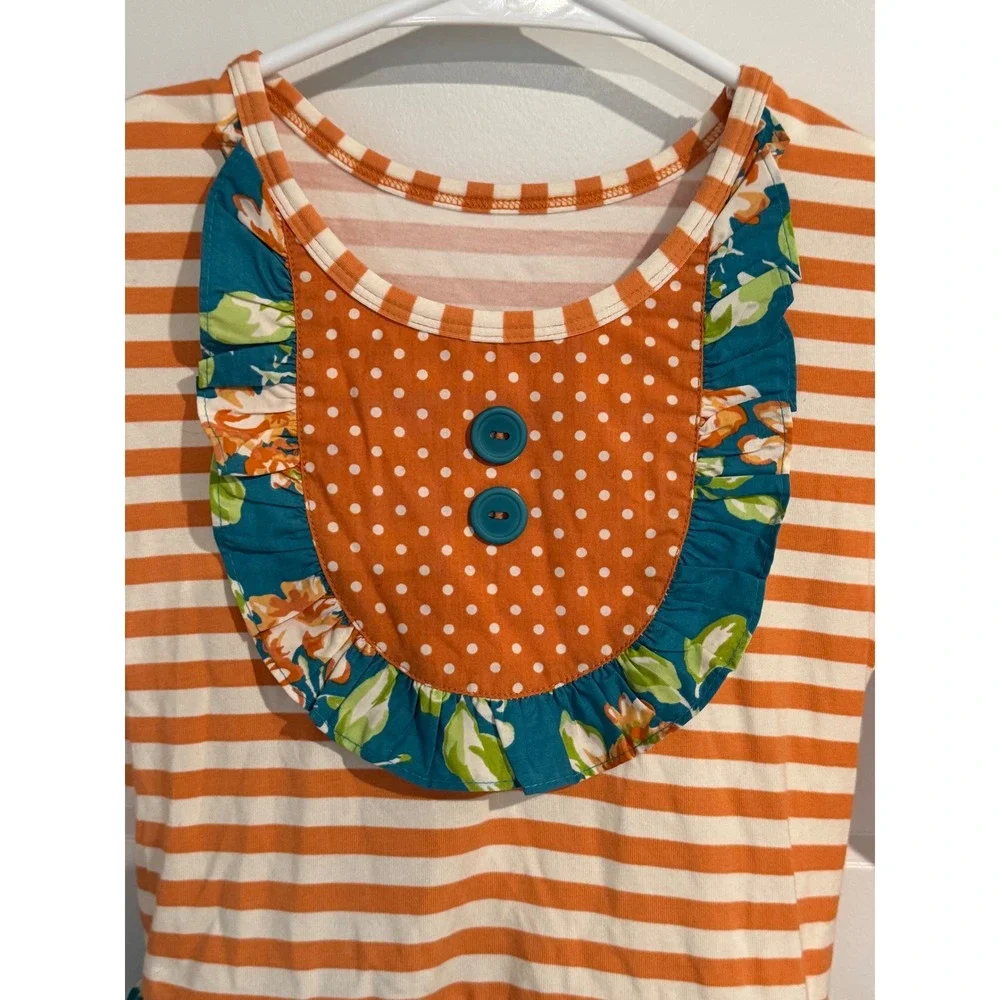 Eleanor Rose Girls Orange Teal Floral Striped Ruffle Dress Size 7-8 RHONDA 1198
